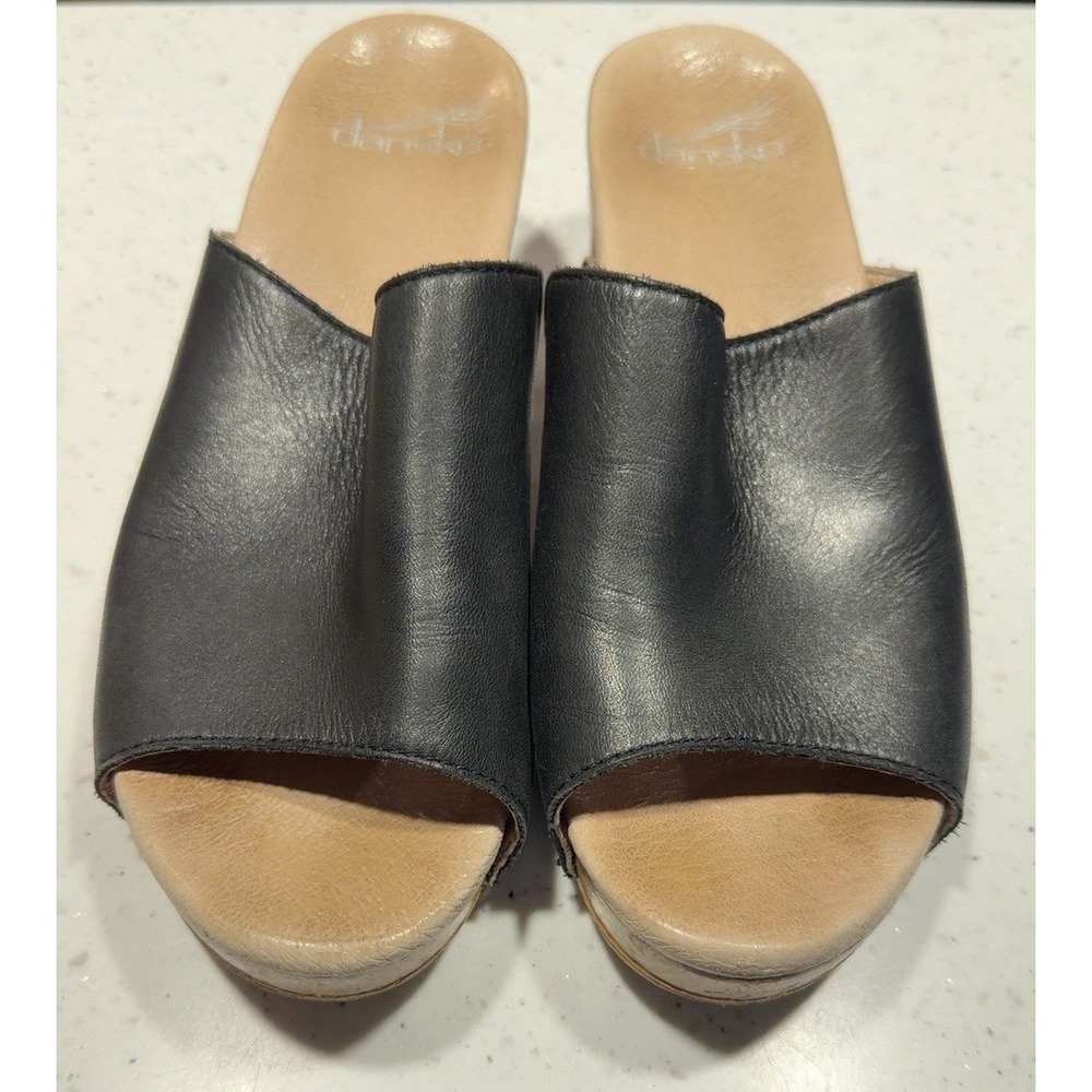 Dansko Black Leather Open Toe Clog Mule Sandals Platform Block Heel Size 36